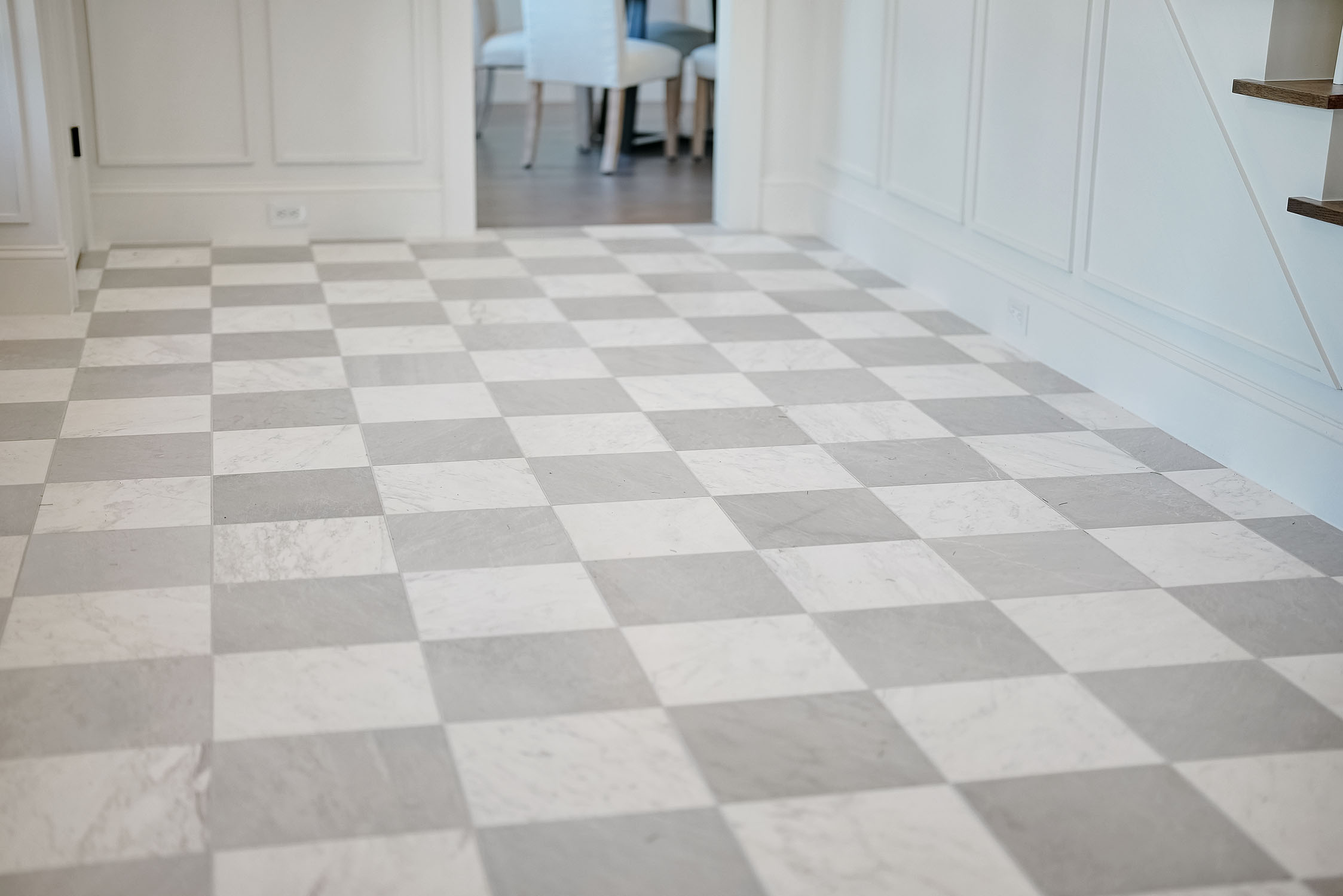 Gray and white checkered tile floor interior