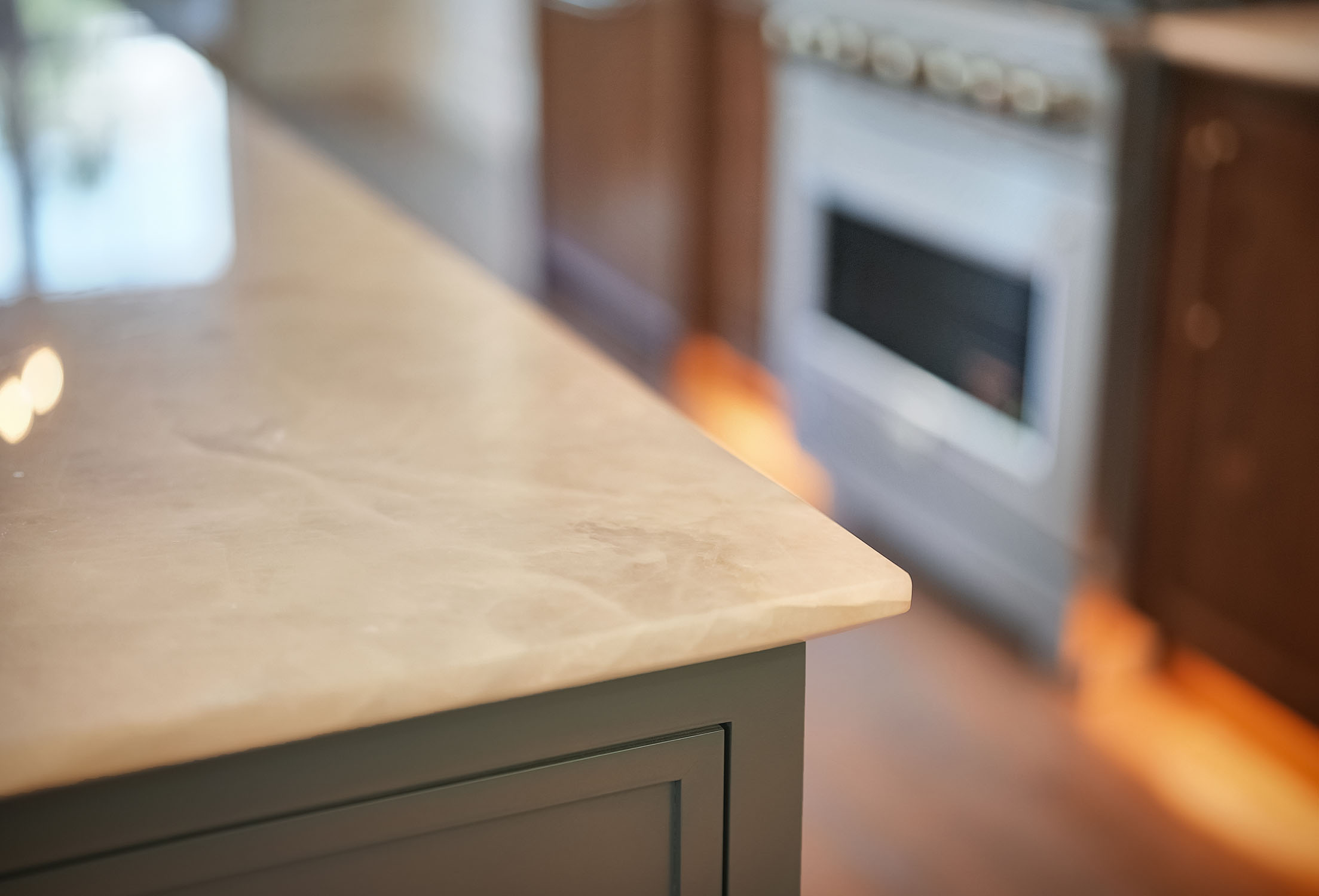 Close-up of marble kitchen island countertop edge
