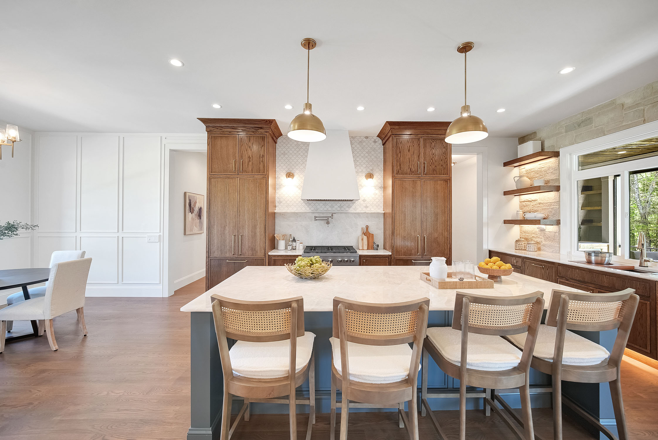 Modern kitchen with large island and wood cabinets