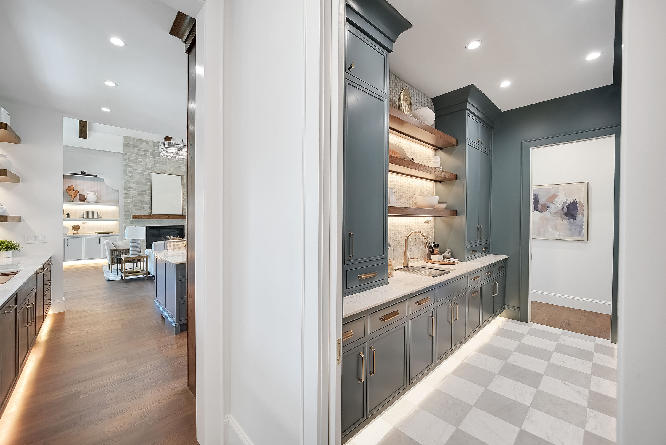 Modern kitchen and butler’s pantry with blue cabinets