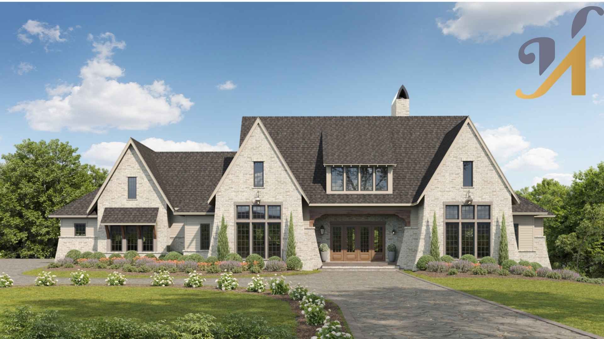 Elegant front view of a spacious stone-clad home with gabled roofs, large wooden-framed windows, and a wide entryway with double doors. The landscaped front yard and stone driveway reflect a sense of pride in ownership and long-term investment. No people or identifying details are present.