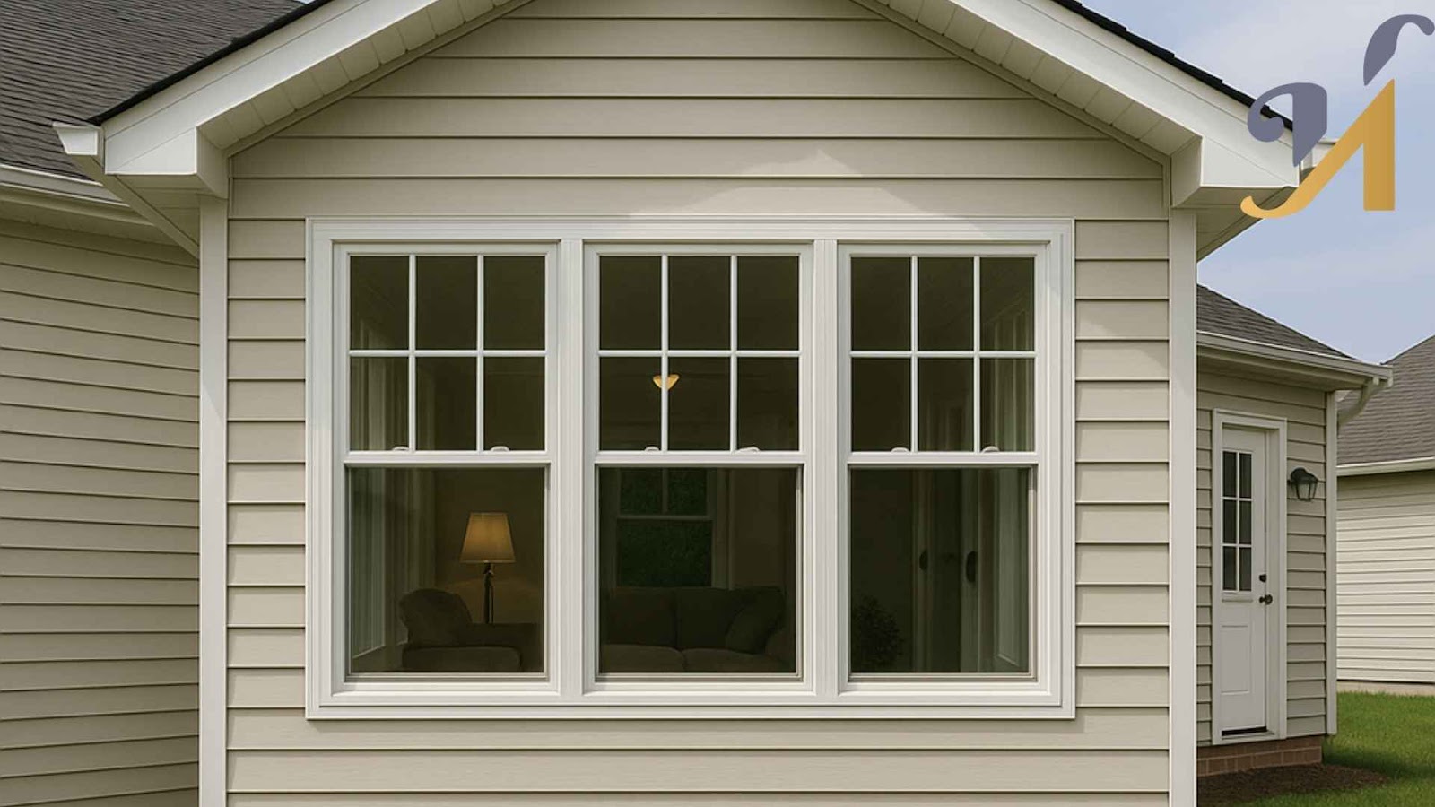 Exterior beige house room addition with large windows.