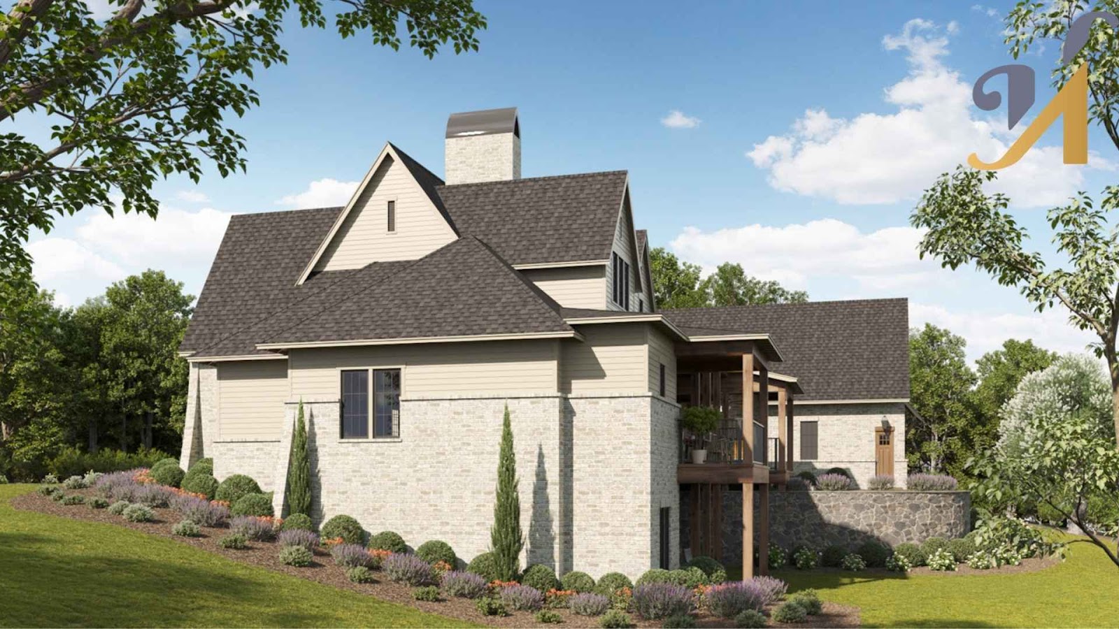 Modern 2 story house exterior with gable roof and lush landscaping.