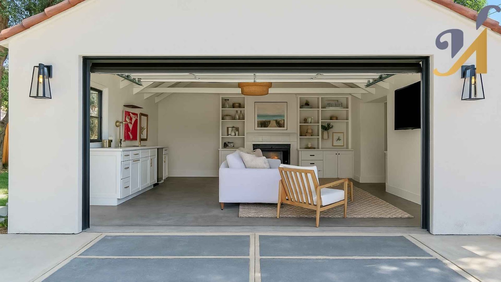Modern garage converted into a cozy living space.
