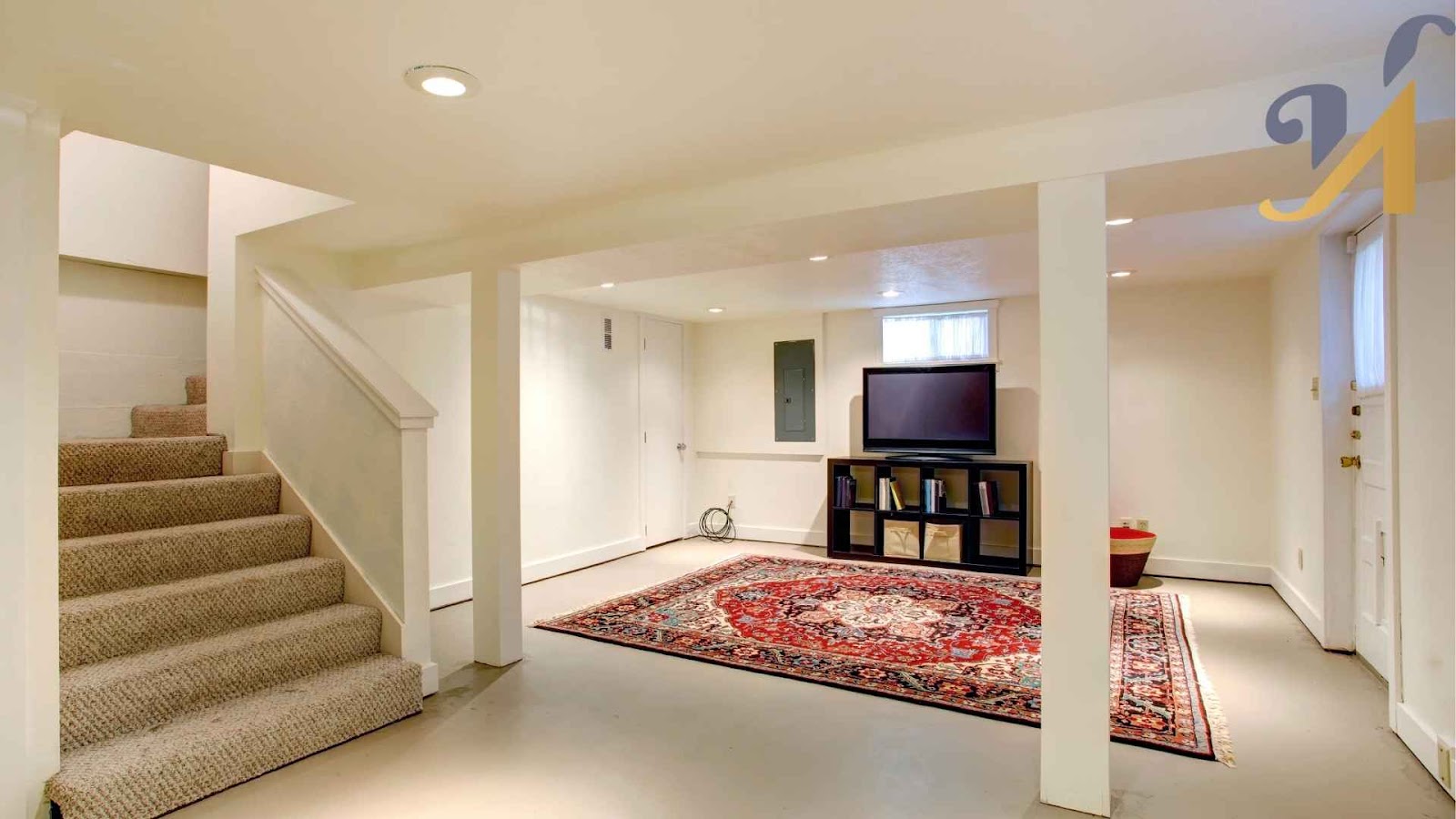 Spacious basement with carpeted stairs and TV.