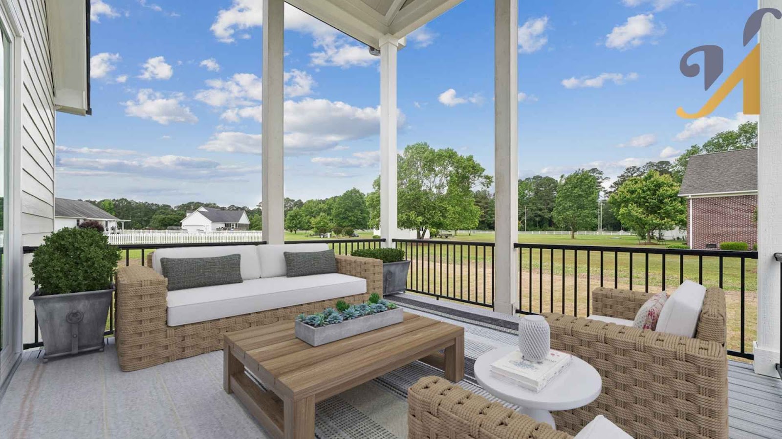 Covered patio with wicker seating and scenic view