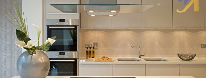Modern kitchen with vase and appliances
