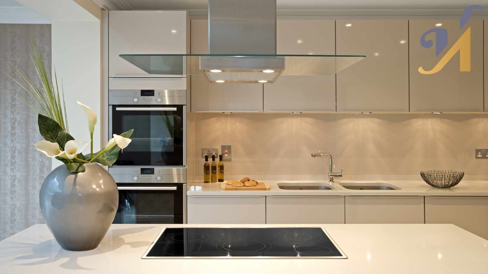 Modern kitchen with vase and appliances