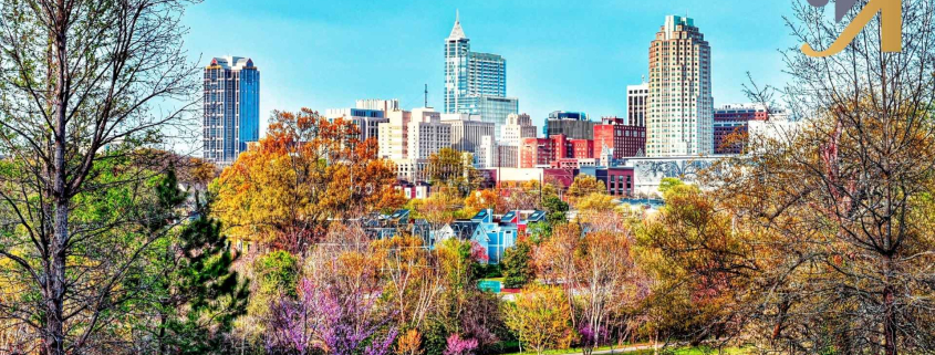 Skyline view of a vibrant city park in Raleigh, NC