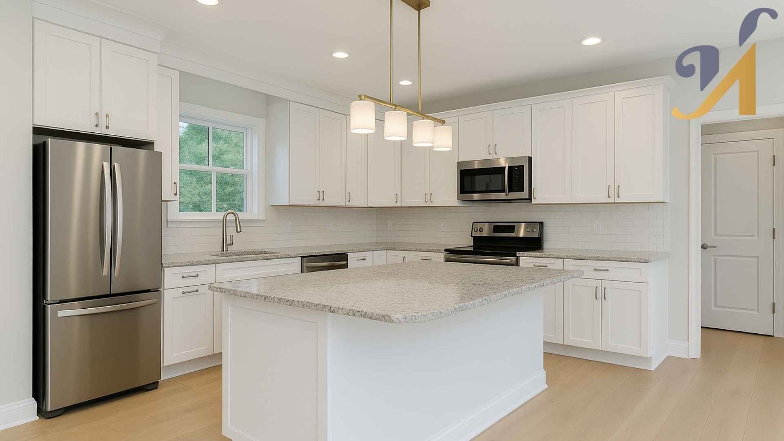 Modern pennisnula-shaped kitchen with white cabinets and island
