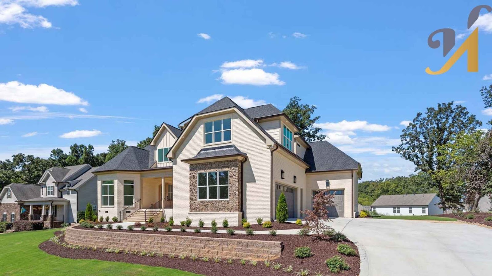 Modern suburban house with landscaped front yard.