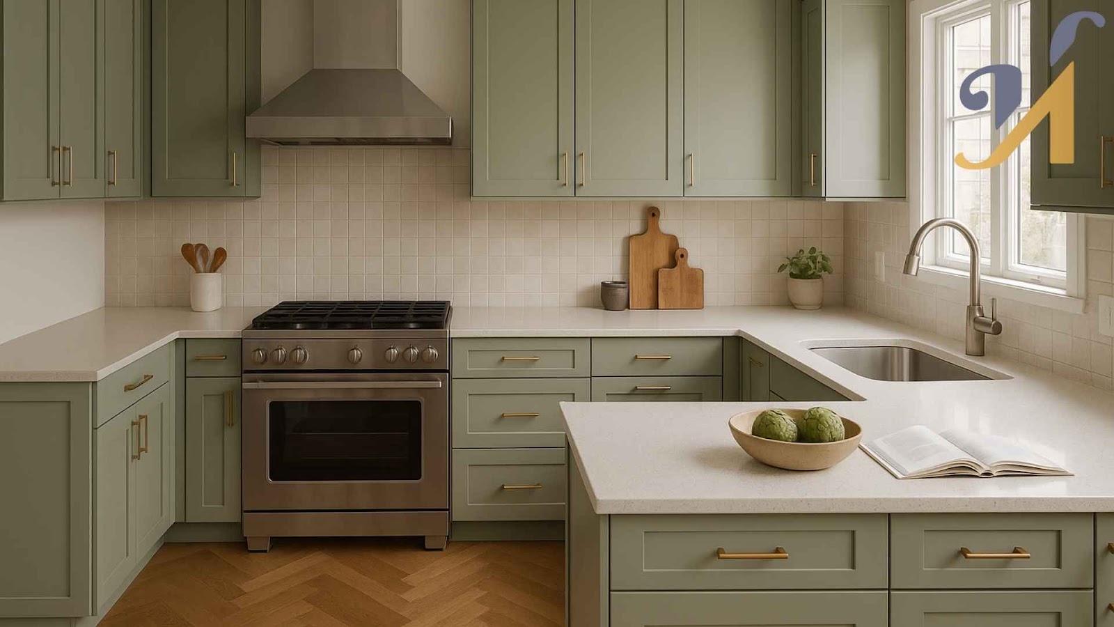 Modern G-shaped kitchen with green cabinets and white countertops.