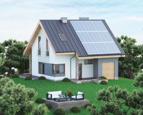 House with solar panels and outdoor seating area.