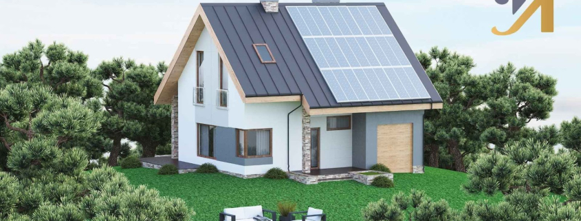 House with solar panels and outdoor seating area.