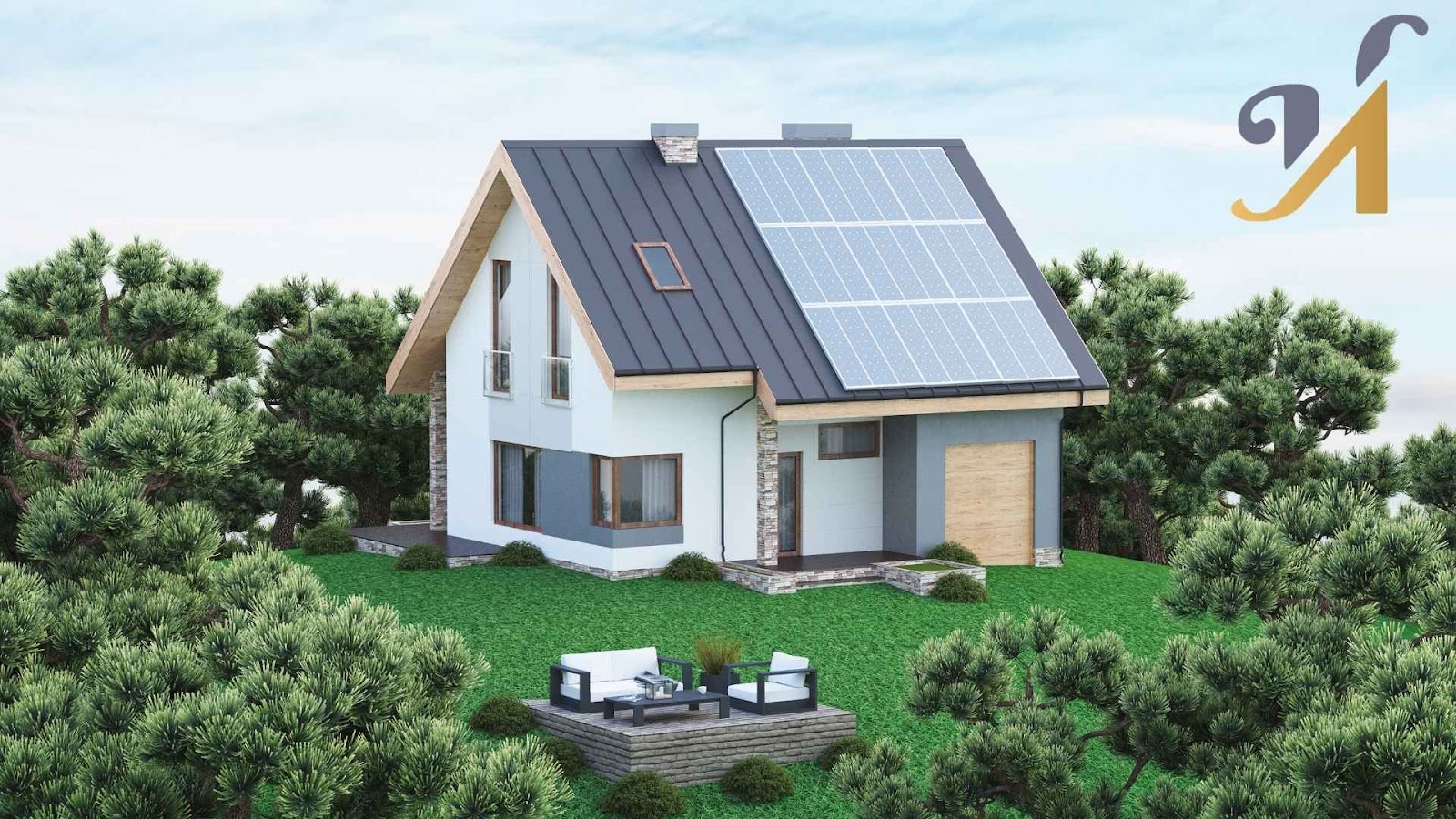 House with solar panels and outdoor seating area.