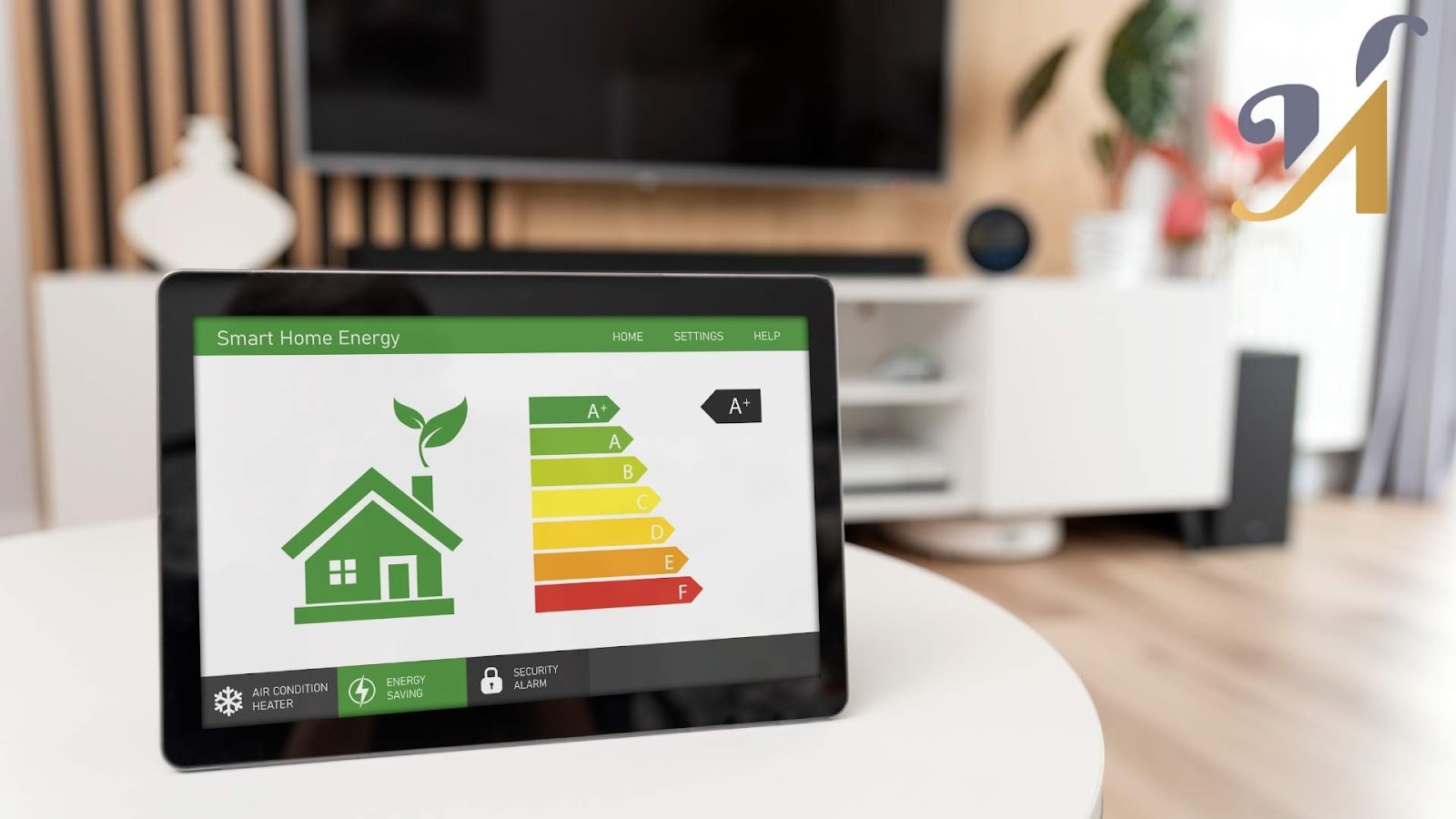 Tablet showing smart home energy efficiency ratings.