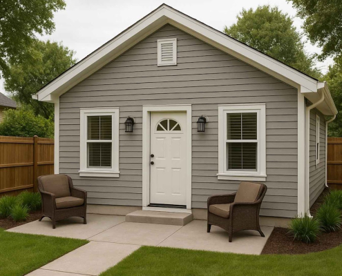 Gray shed with chairs and wooden fence