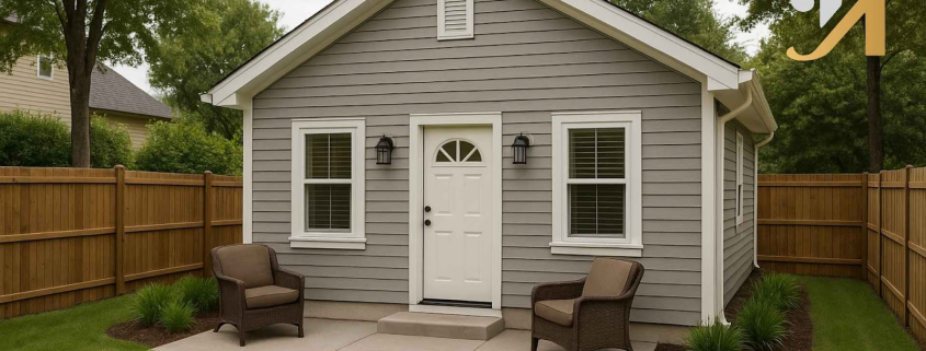 Gray shed with chairs and wooden fence