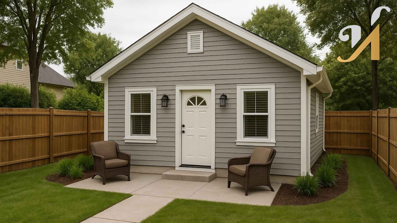 Gray shed with chairs and wooden fence