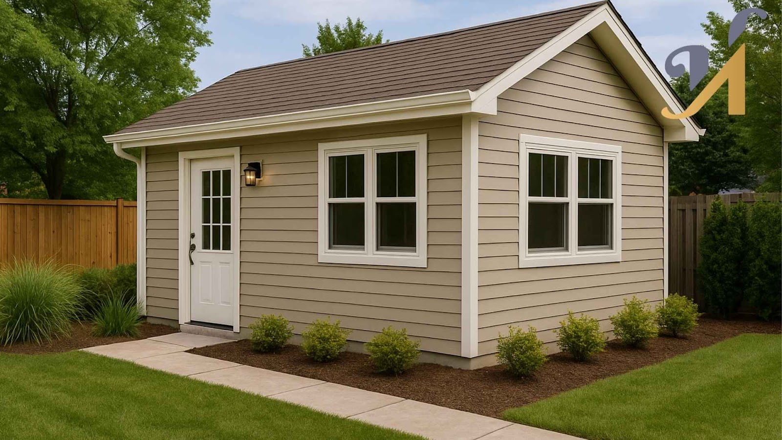Small beige house with white door and windows.