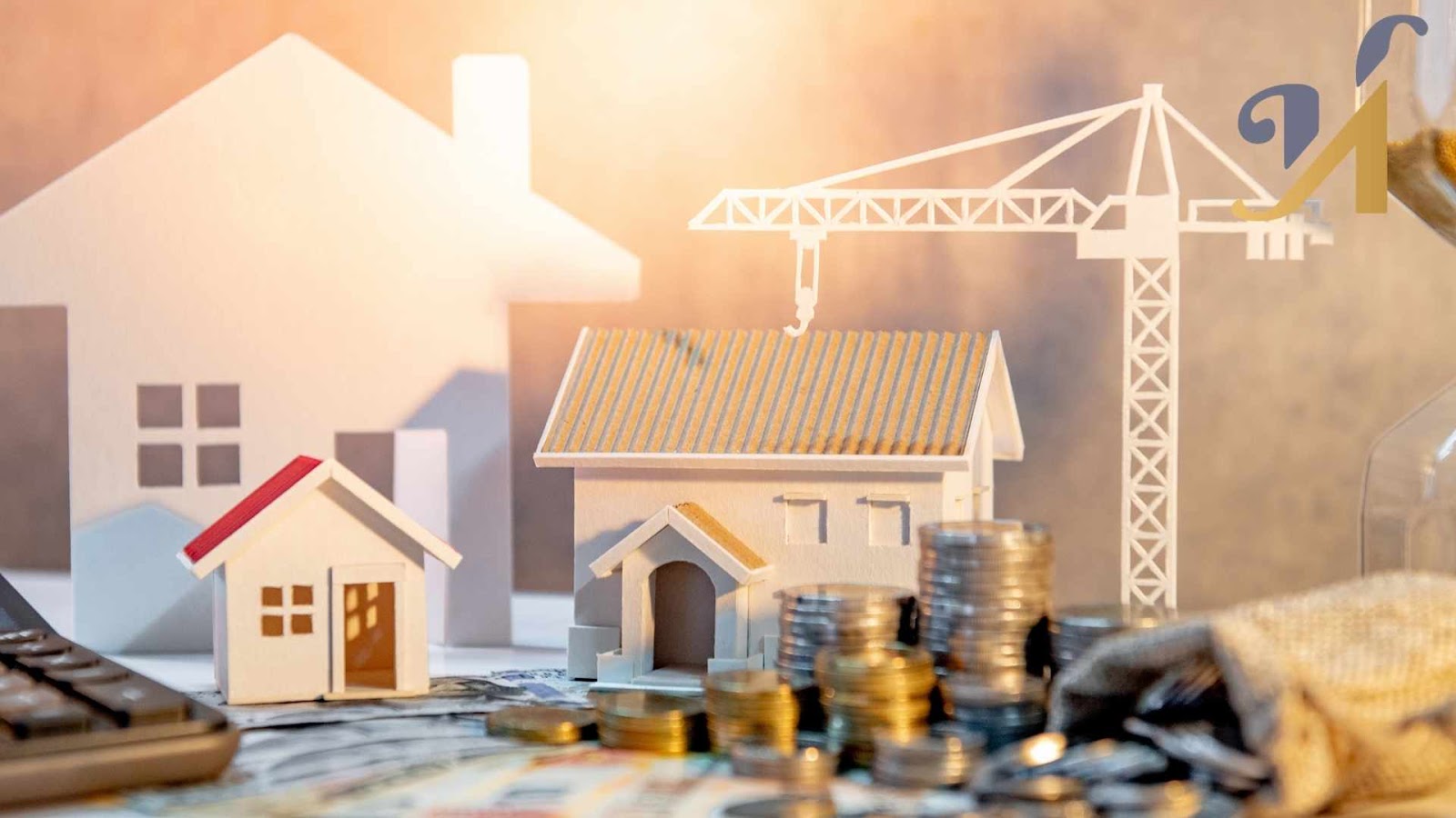 Models of houses with construction crane and coins.