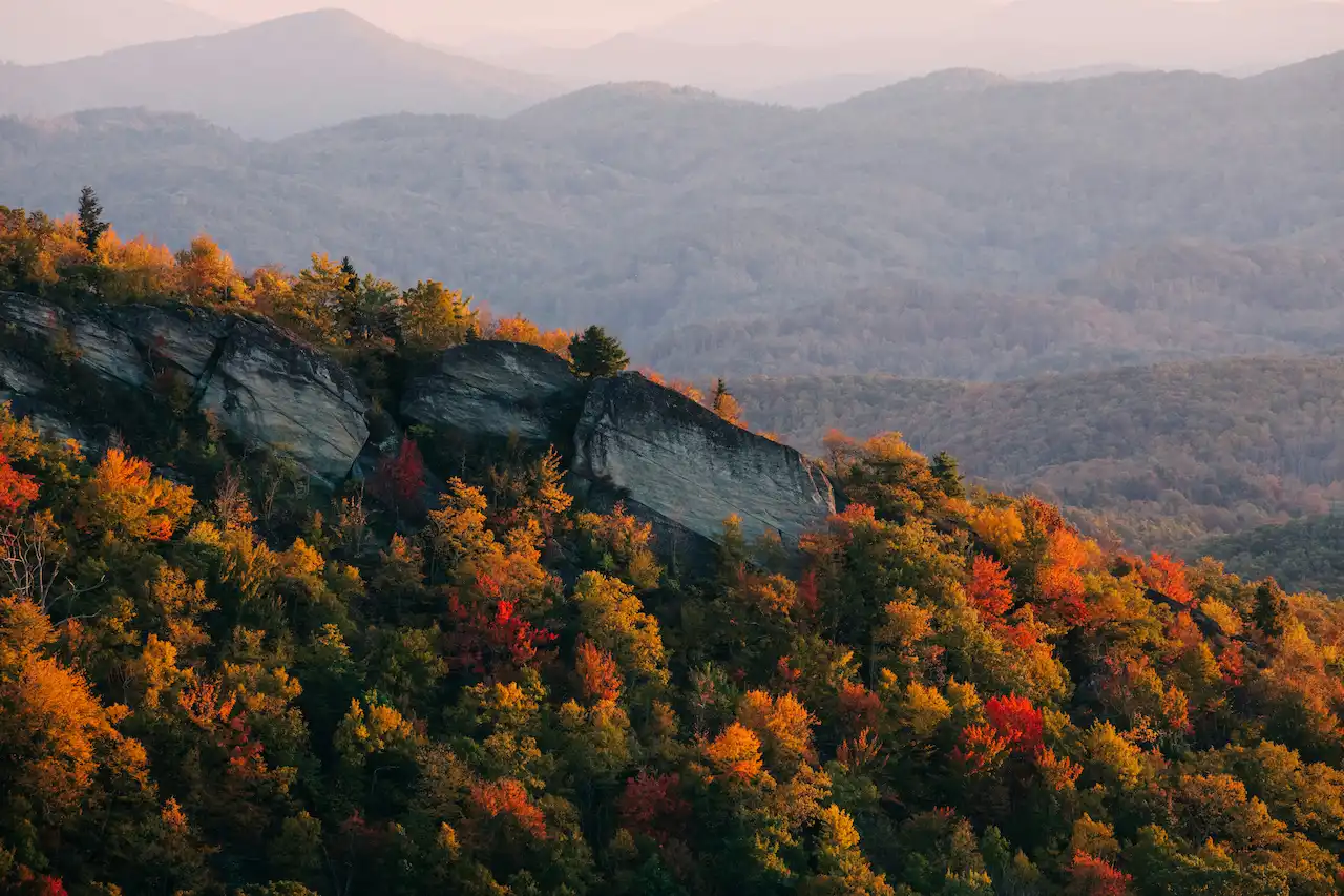 Autumn foliage on mountain landscape at sunrise.
