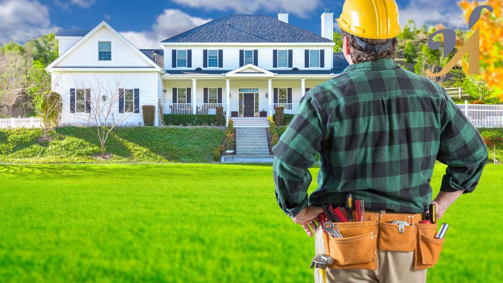 Builder examining large white house exterior.