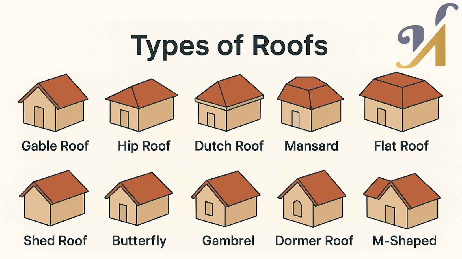 infographic: Illustrations of 10 roof types: