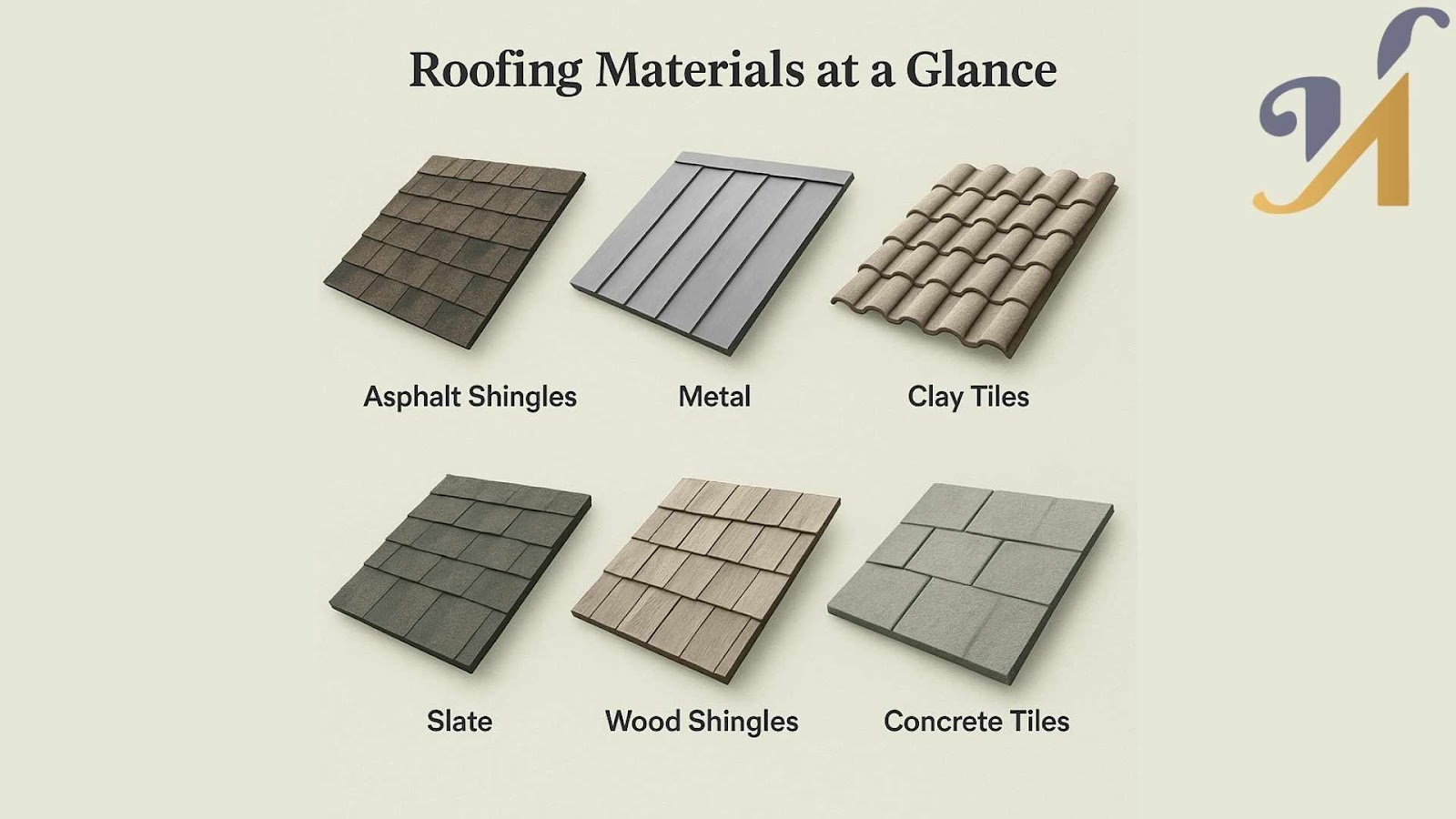Types of roofing materials overview: asphalt, metal, clay.