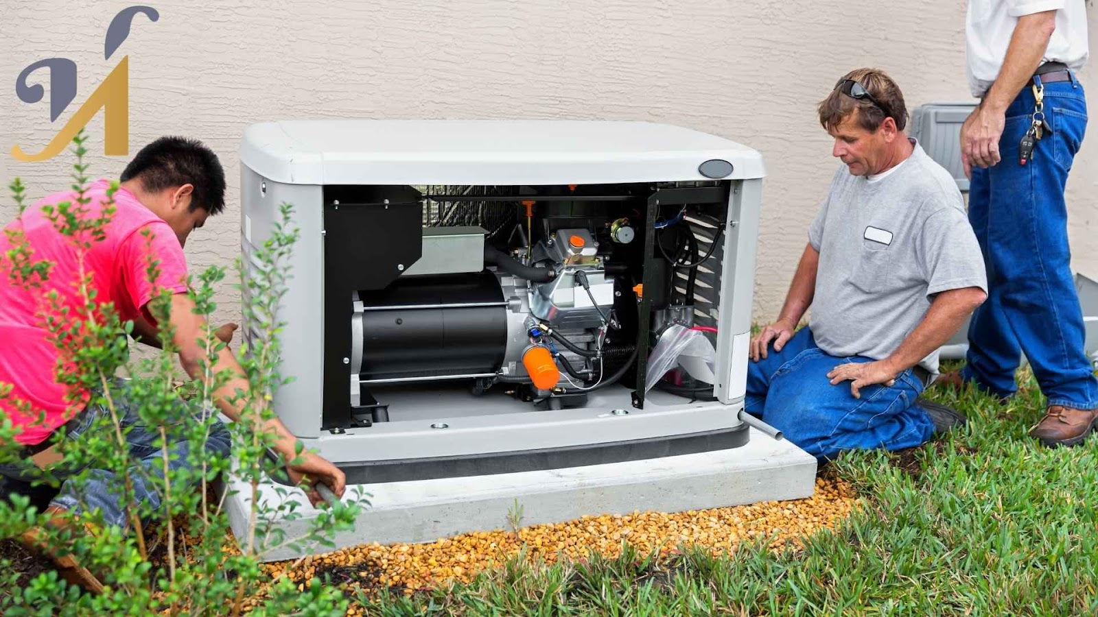Technicians installing home backup generator outdoors.