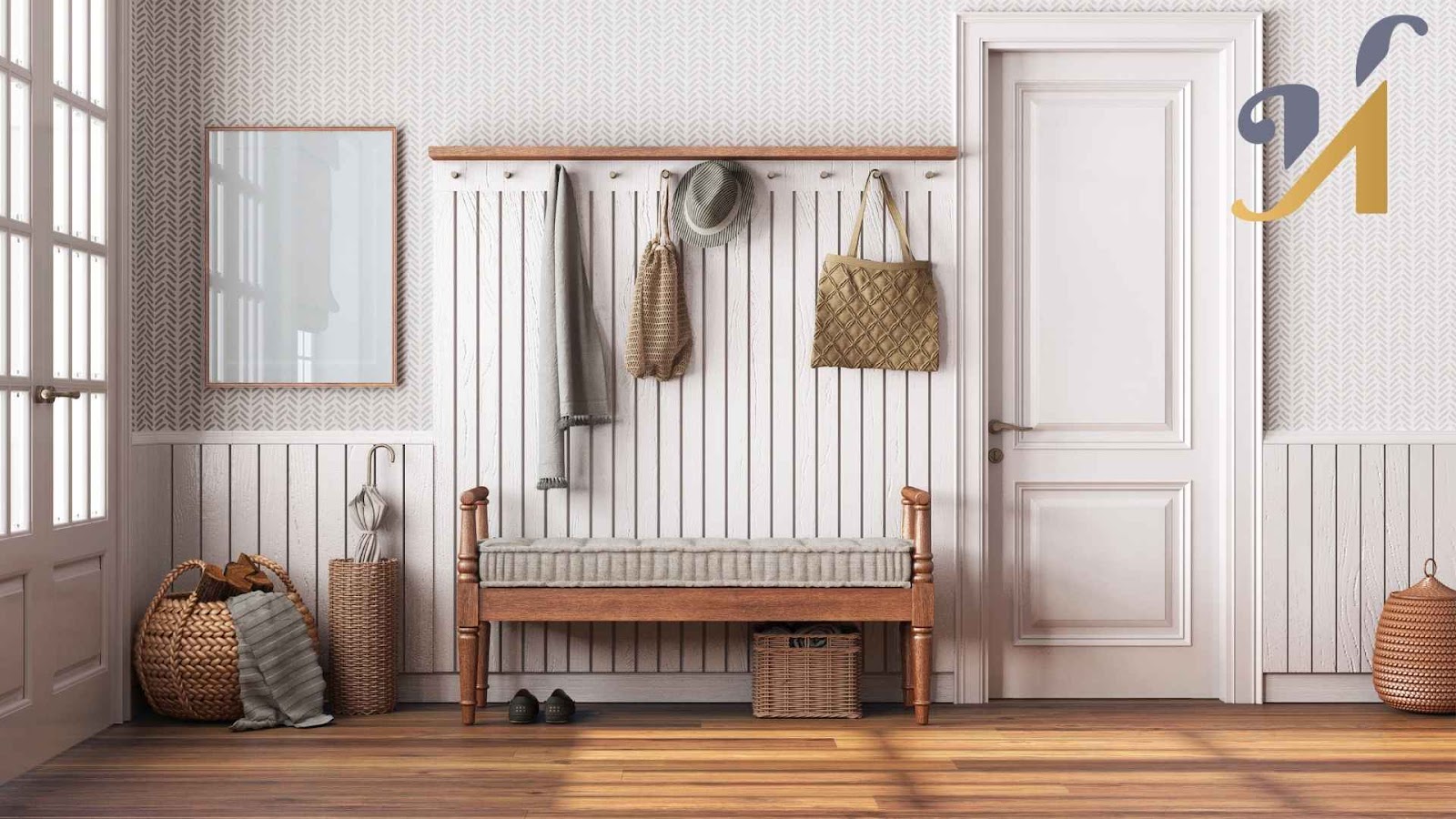 Cozy mudroom with bench and hanging accessories