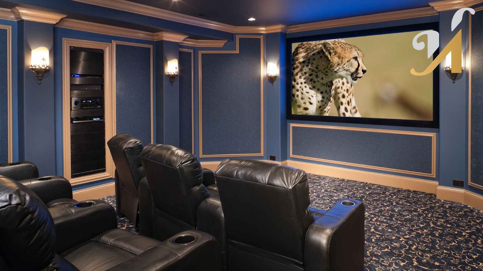 Luxury home theater with cheetah on screen.