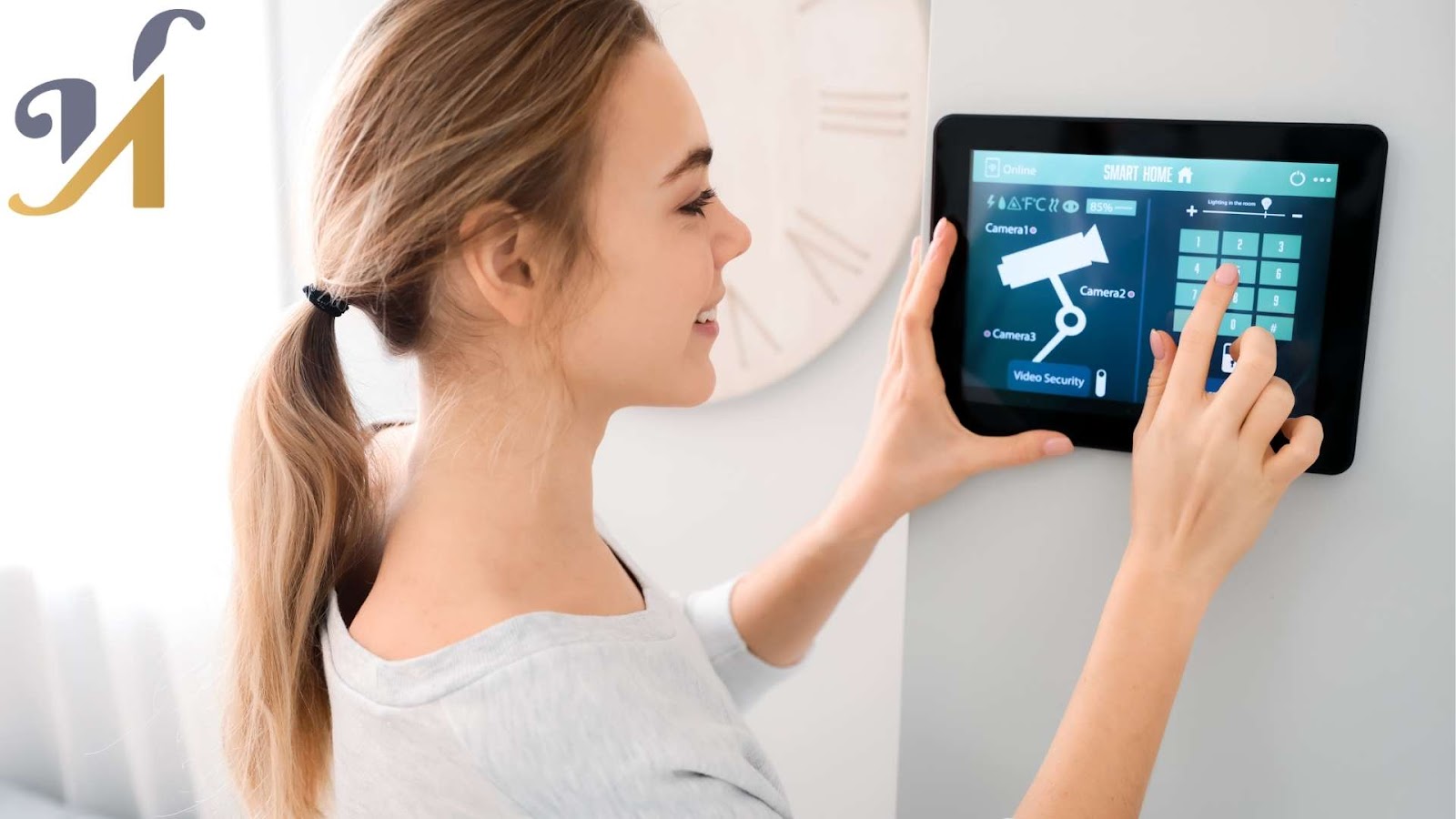 Woman using smart home control panel