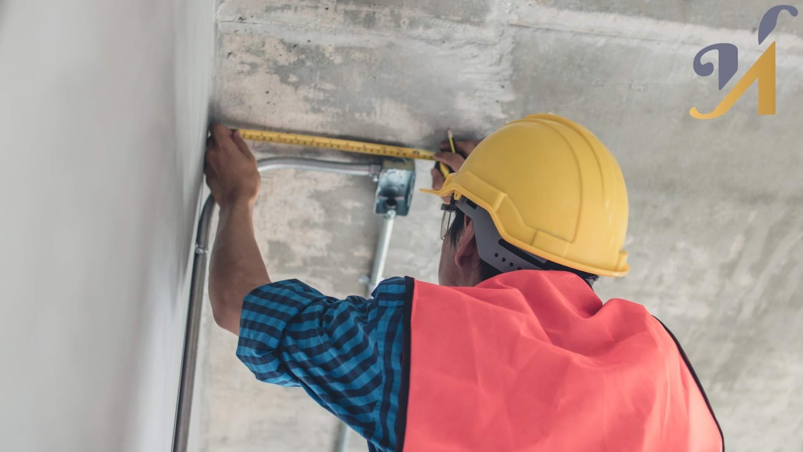 Construction worker measuring ceiling with tape measure.