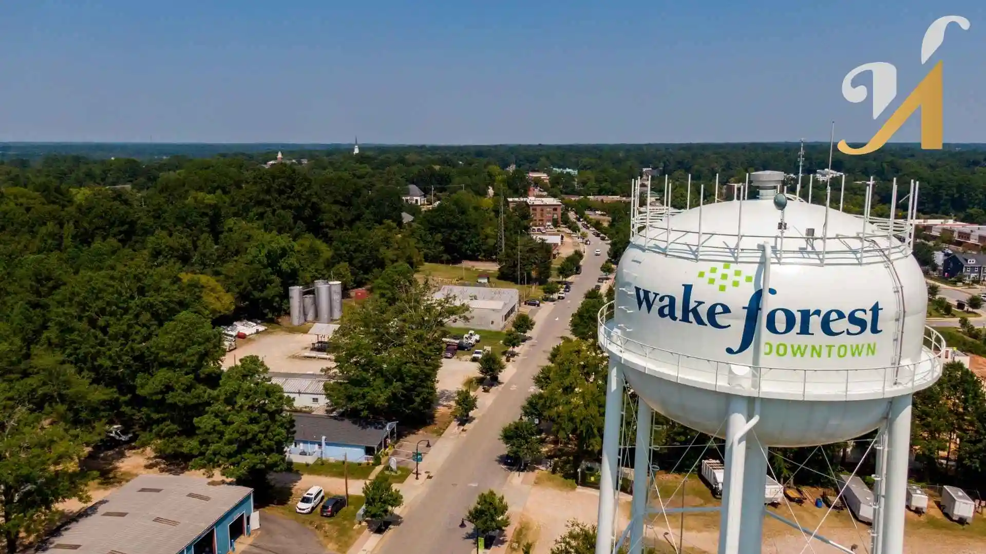 Sunny, Mid Day Drone Images of Downtown Wake Forest North Carolina for Tourism and Travel