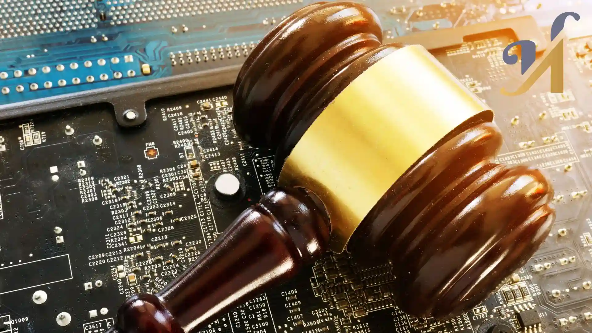 Judge gavel on computer motherboard