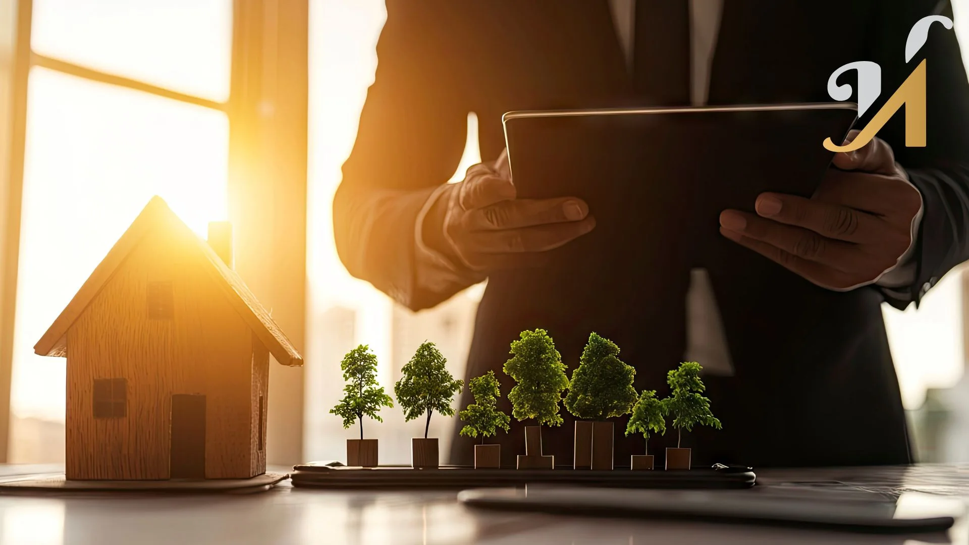 Businessman with tablet near house and trees model trying to map out energy consumption for this custom home