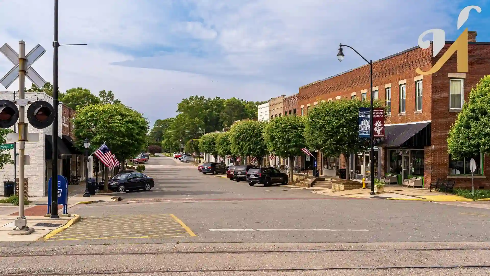 Wendell, North Carolina USA-05 24 2023: The Downtown Wendell Historic District from Across the Railroad Tracks, where families are often looking to build custom homes.
