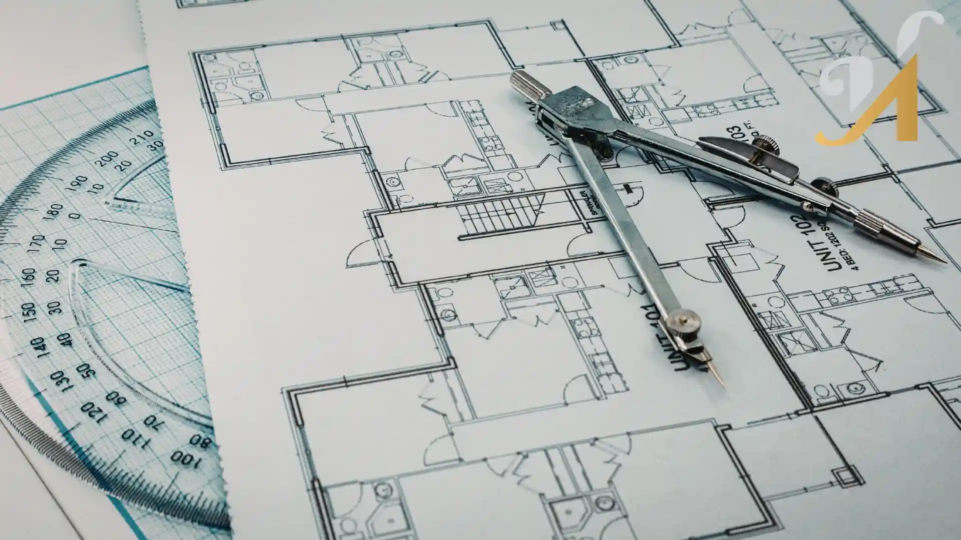 Architectural blueprint with drafting tools