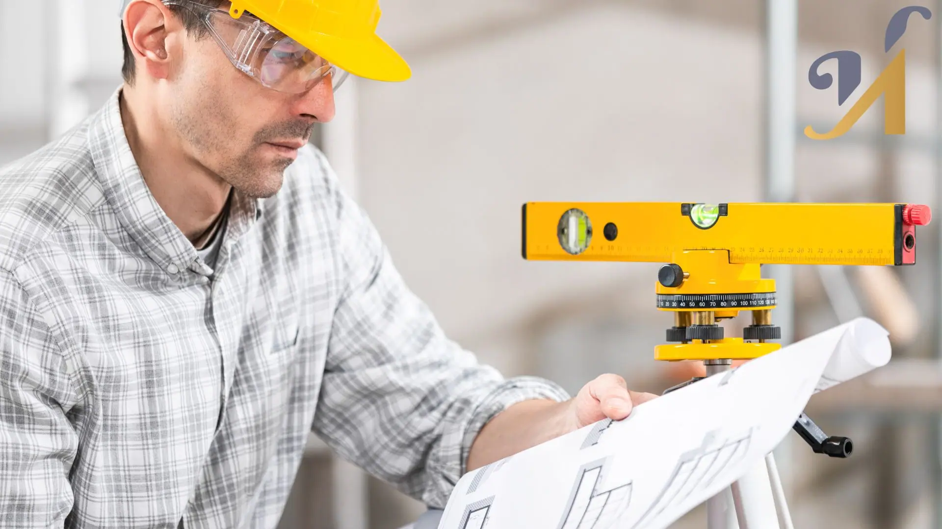 Engineer examining blueprints and a level